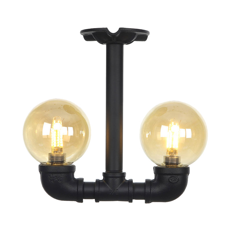 2 - Head Semi - Flush Industrial Ball Amber Glass Ceiling Fixture In Black