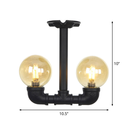 2 - Head Semi - Flush Industrial Ball Amber Glass Ceiling Fixture In Black