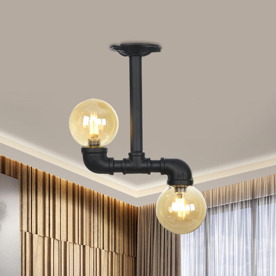 2 - Head Semi - Flush Industrial Ball Amber Glass Ceiling Fixture In Black