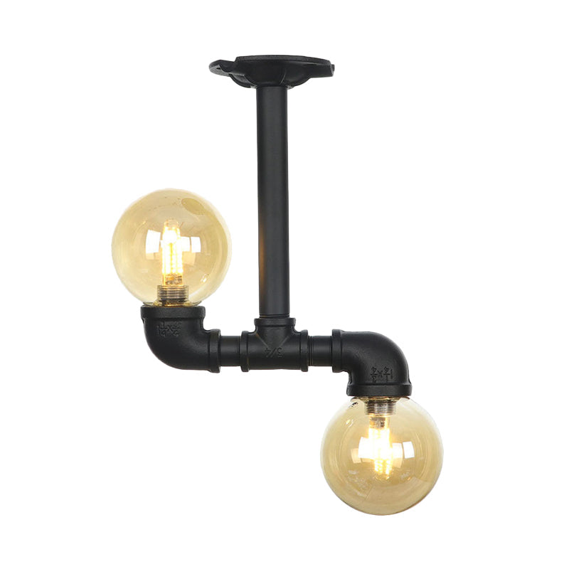 2 - Head Semi - Flush Industrial Ball Amber Glass Ceiling Fixture In Black