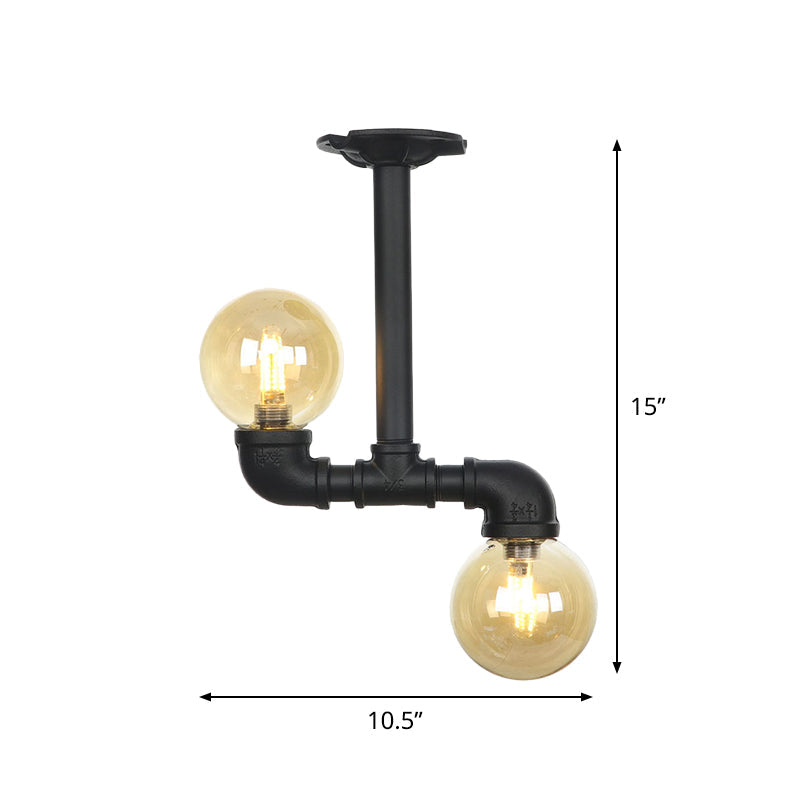 2 - Head Semi - Flush Industrial Ball Amber Glass Ceiling Fixture In Black