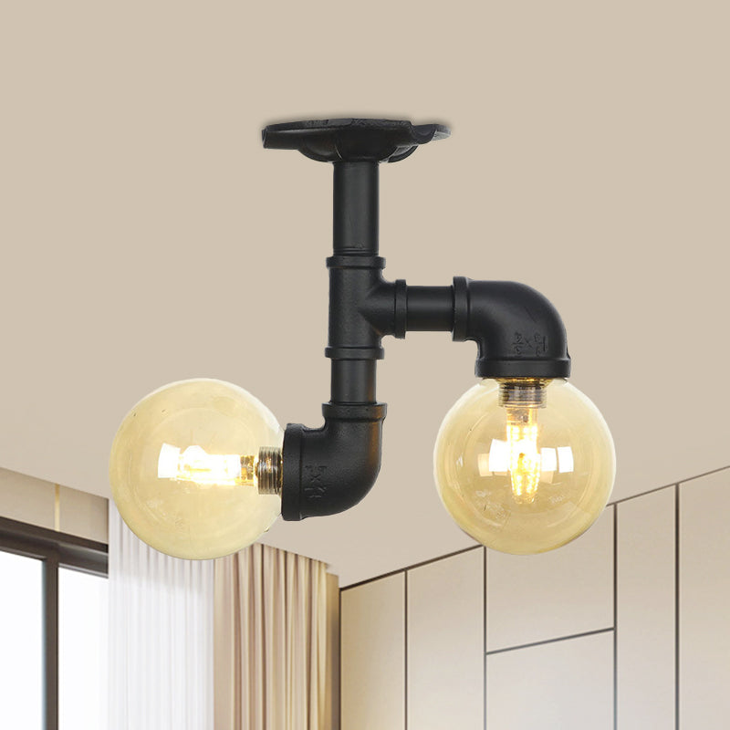 2 - Head Semi - Flush Industrial Ball Amber Glass Ceiling Fixture In Black