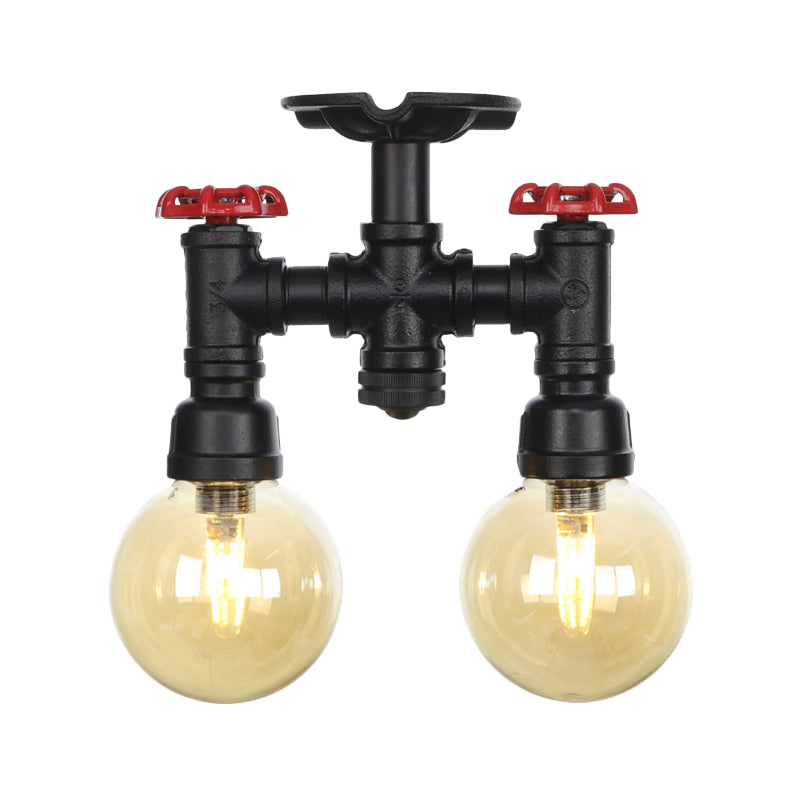 2 - Head Semi - Flush Industrial Ball Amber Glass Ceiling Fixture In Black