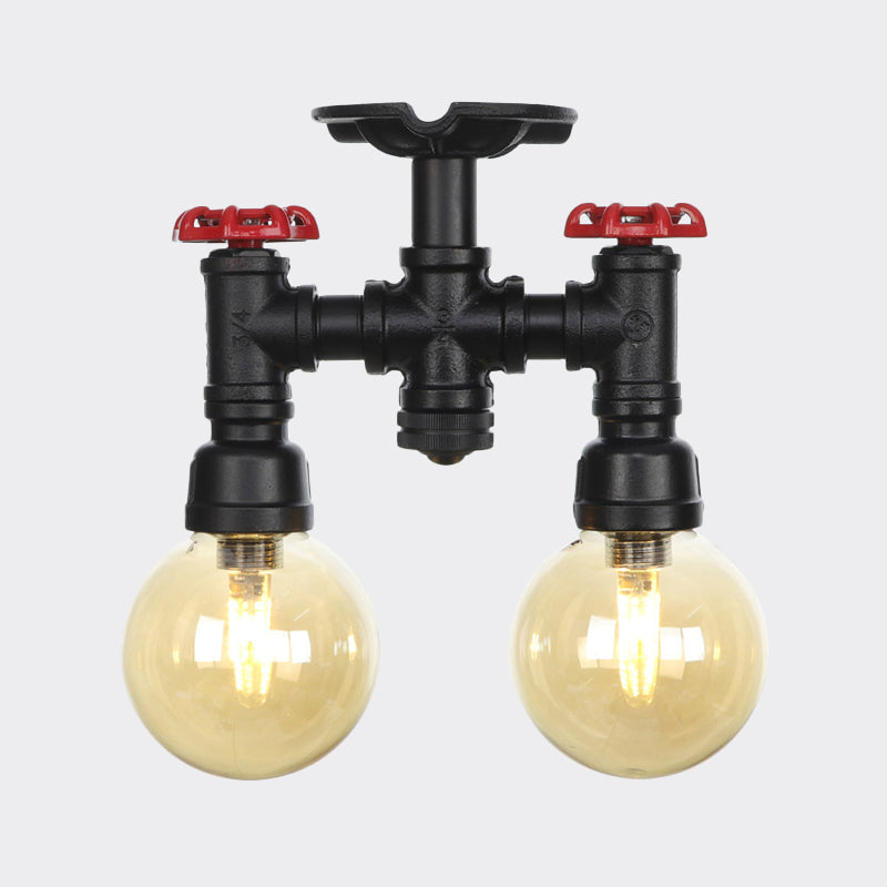 2 - Head Semi - Flush Industrial Ball Amber Glass Ceiling Fixture In Black