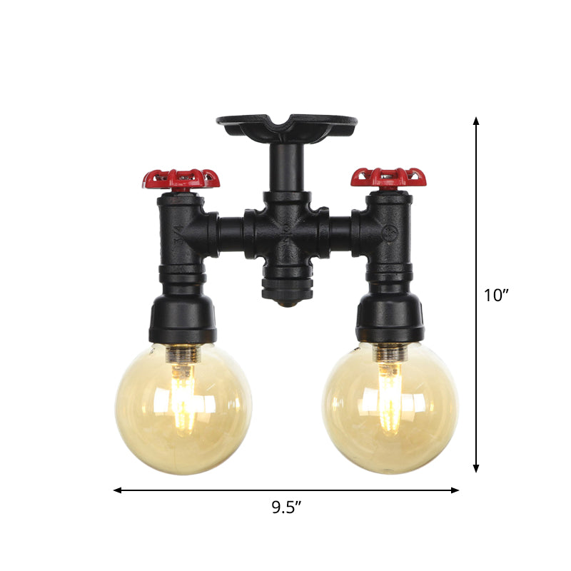 2 - Head Semi - Flush Industrial Ball Amber Glass Ceiling Fixture In Black