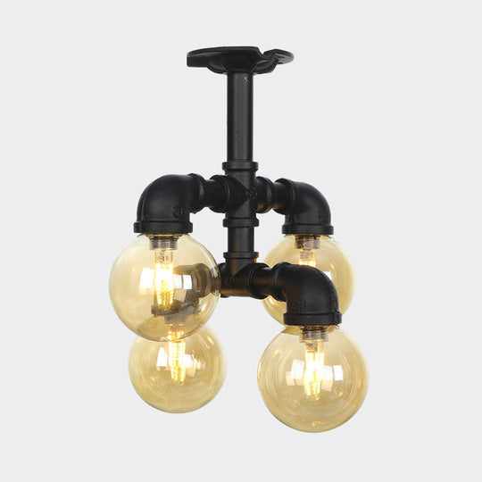 Industrial Black Ball Semi - Flush Ceiling Light - Amber Glass Led Flushmount (4/5/6 - Light)