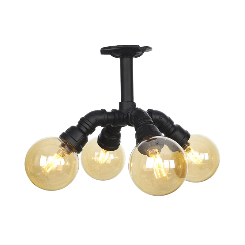 Industrial Black Ball Semi - Flush Ceiling Light - Amber Glass Led Flushmount (4/5/6 - Light)