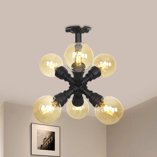 Industrial Black Ball Semi - Flush Ceiling Light - Amber Glass Led Flushmount (4/5/6 - Light)