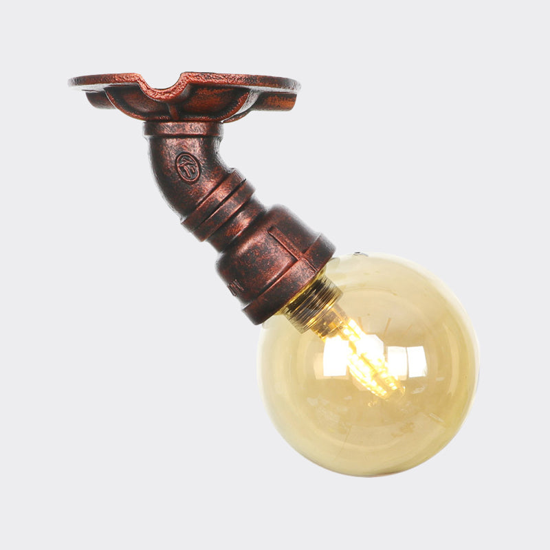 Copper Finish Semi Flush Mount Vintage Ceiling Lamp With Amber Glass Orb