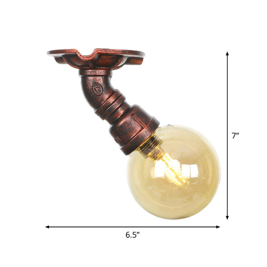 Copper Finish Semi Flush Mount Vintage Ceiling Lamp With Amber Glass Orb