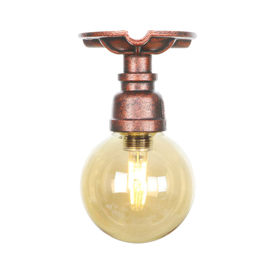 Copper Finish Semi Flush Mount Vintage Ceiling Lamp With Amber Glass Orb
