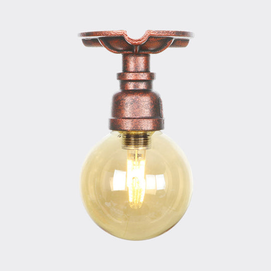 Copper Finish Semi Flush Mount Vintage Ceiling Lamp With Amber Glass Orb