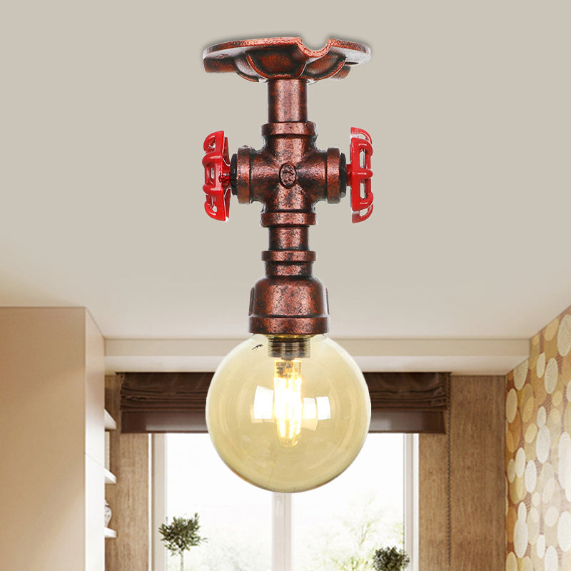 Copper Finish Semi Flush Mount Vintage Ceiling Lamp With Amber Glass Orb / C