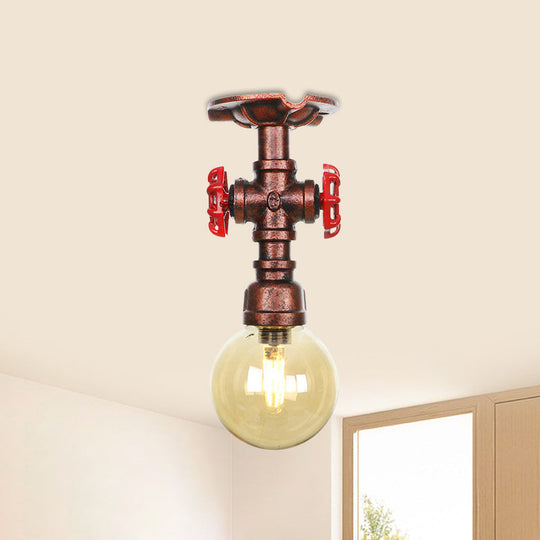 Copper Finish Semi Flush Mount Vintage Ceiling Lamp With Amber Glass Orb