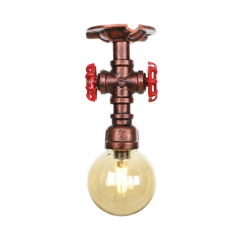 Copper Finish Semi Flush Mount Vintage Ceiling Lamp With Amber Glass Orb