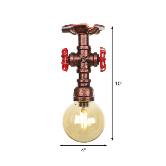 Copper Finish Semi Flush Mount Vintage Ceiling Lamp With Amber Glass Orb