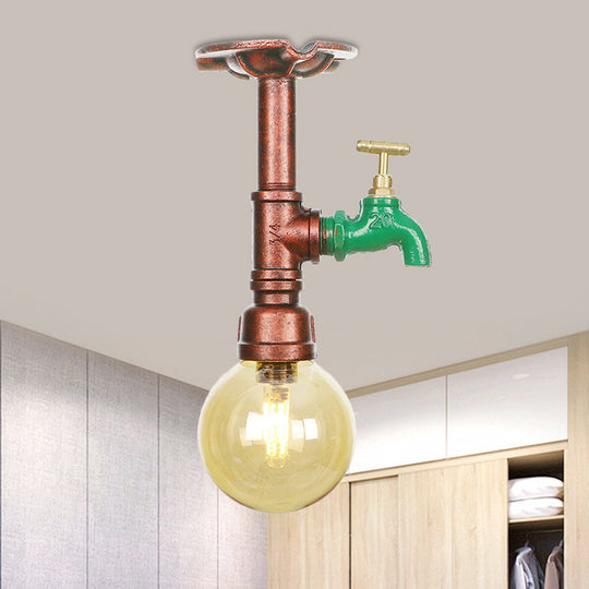 Copper Finish Semi Flush Mount Vintage Ceiling Lamp With Amber Glass Orb / D