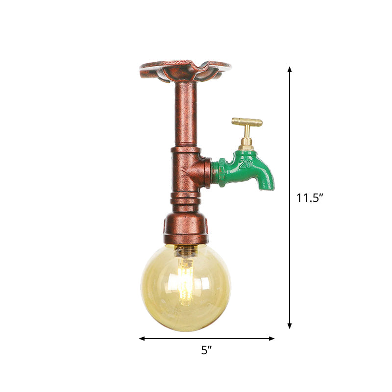 Copper Finish Semi Flush Mount Vintage Ceiling Lamp With Amber Glass Orb