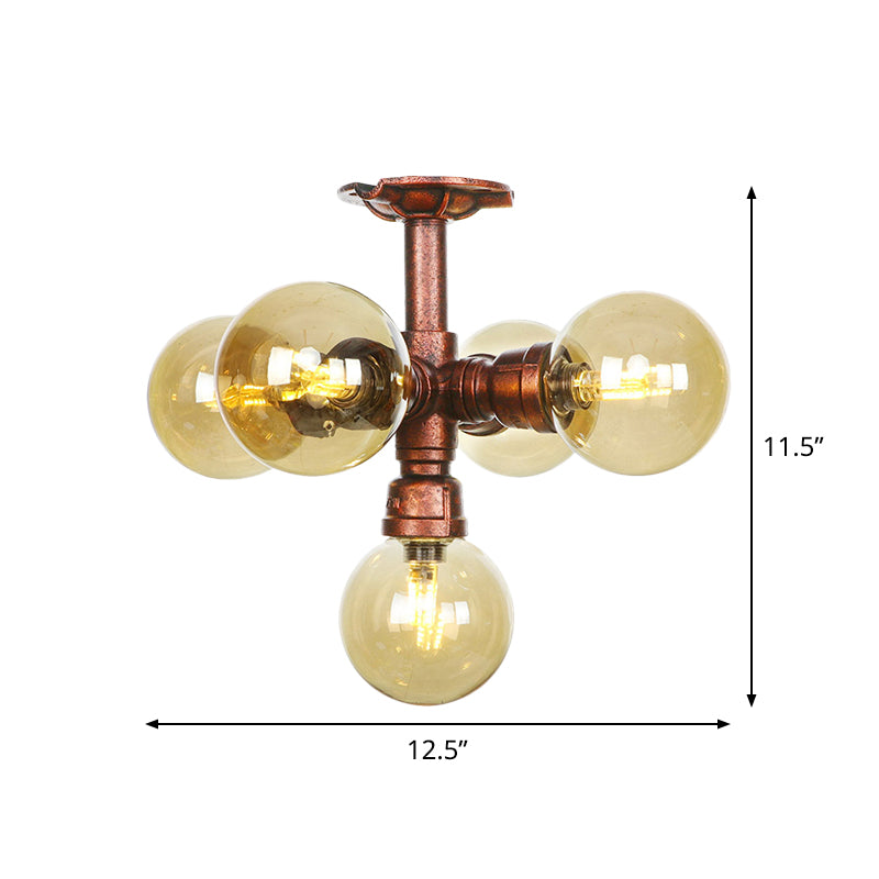 Copper Semi-Mount Led Flush Lamp In Amber Glass - Farmhouse Global Design