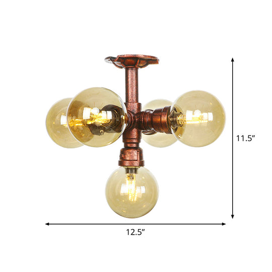 Copper Semi-Mount Led Flush Lamp In Amber Glass - Farmhouse Global Design