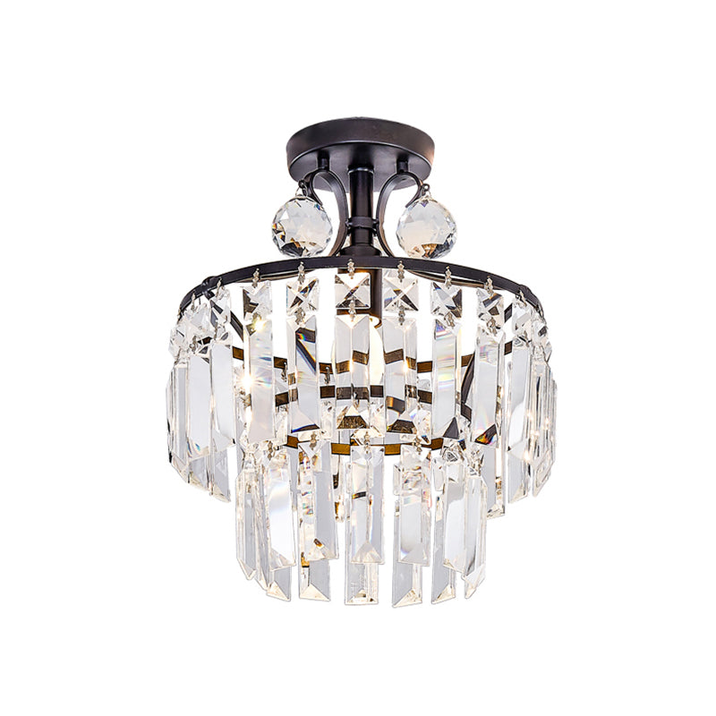 Modern Crystal Ceiling Lamp With 1-Light Semi Mount And Round 2-Tier Shade For Hallway