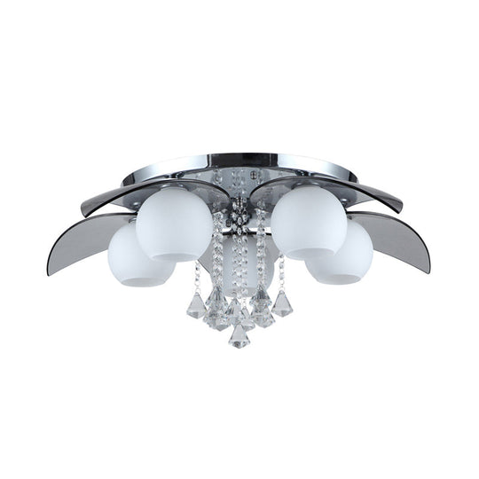 Contemporary Flush Mount Lamp With Milkglass Crystal Strand & Leaf Decor - 5 Lights Ideal For