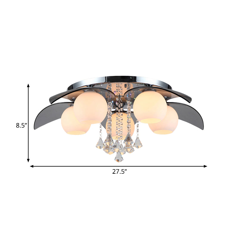 Contemporary Flush Mount Lamp With Milkglass Crystal Strand & Leaf Decor - 5 Lights Ideal For Hotels