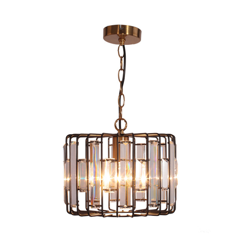 Brass Hanging Light Drum Cage - Crystal Embedded 11/13 Wide 1-Light Rustic Ceiling Pendant For