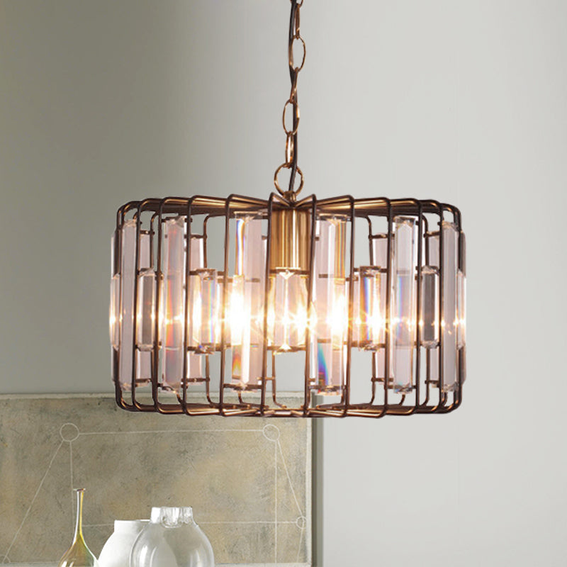 Brass Hanging Light Drum Cage - Crystal Embedded 11/13 Wide 1-Light Rustic Ceiling Pendant For