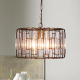 Brass Hanging Light Drum Cage - Crystal Embedded 11/13 Wide 1-Light Rustic Ceiling Pendant For