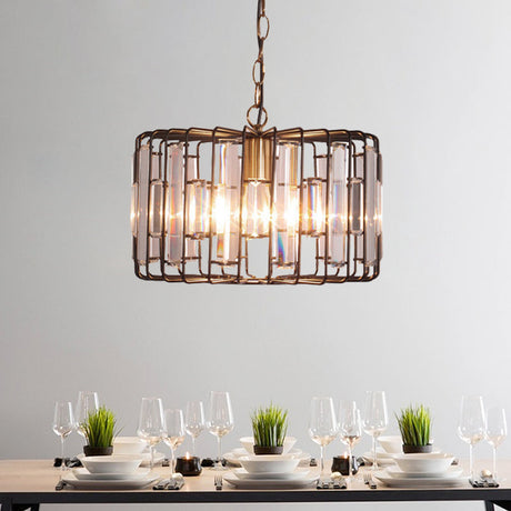 Brass Hanging Light Drum Cage - Crystal Embedded 11/13 Wide 1-Light Rustic Ceiling Pendant For