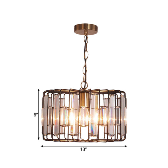 Brass Hanging Light Drum Cage - Crystal Embedded 11/13 Wide 1-Light Rustic Ceiling Pendant For