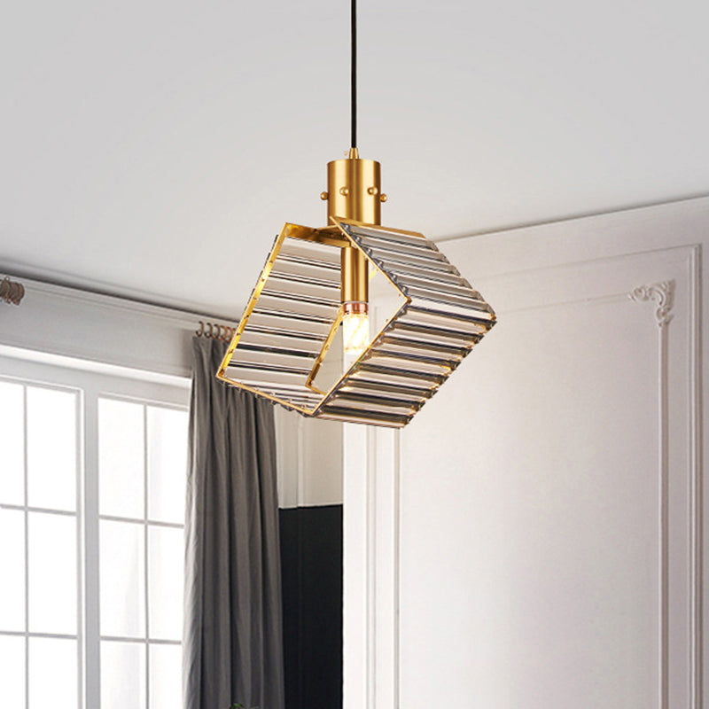 Mid Century Prismatic Crystal Suspension Lamp - Single Bulb Table Pendant In Brass