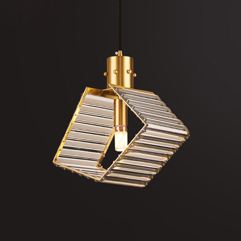 Mid Century Prismatic Crystal Suspension Lamp - Single Bulb Table Pendant In Brass