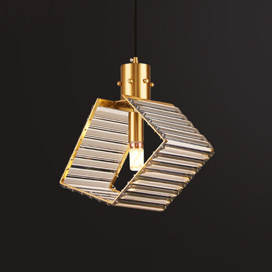 Mid Century Prismatic Crystal Suspension Lamp - Single Bulb Table Pendant In Brass