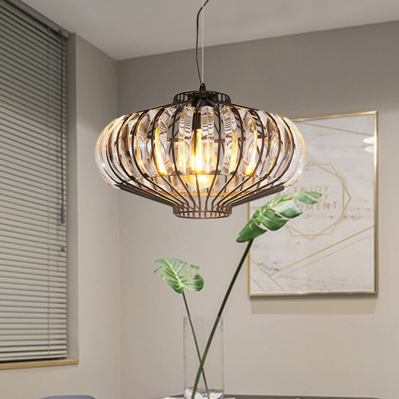 Vintage Black Crystal Pendant Ceiling Lamp With Lantern-Shaped Shade