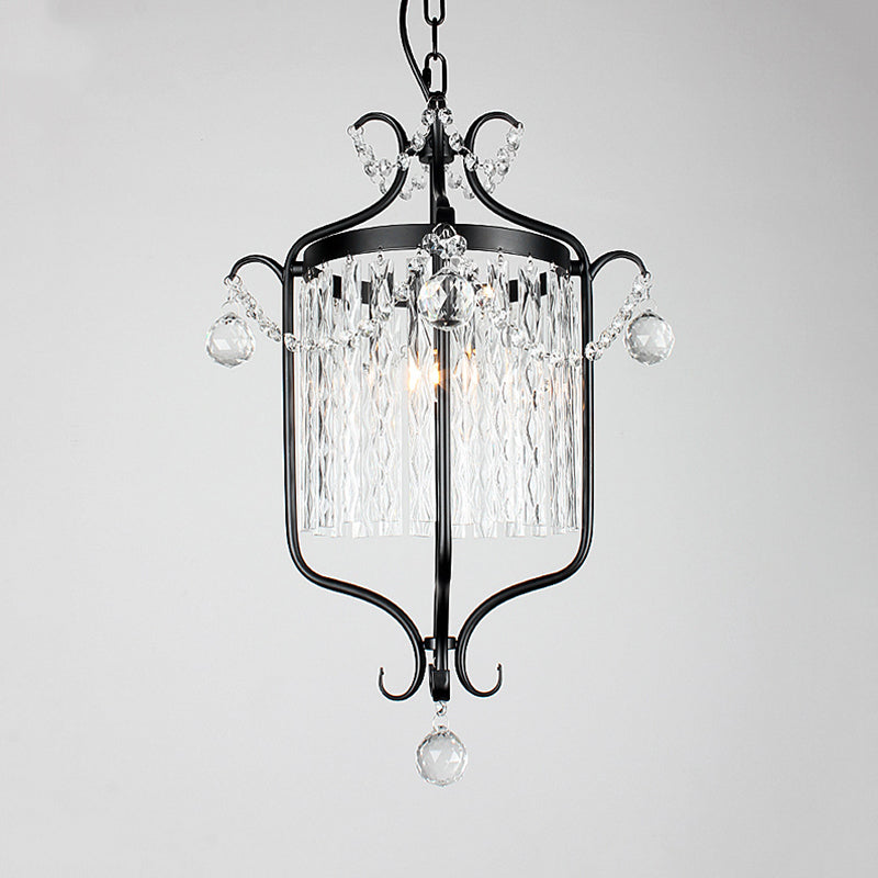 Retro Iron Single Scroll Frame Pendant Light - Black/White Suspension Lamp With Crystal Rod Drape