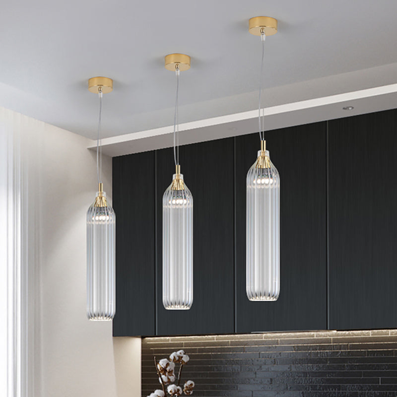 Vintage Ribbed Glass Led Pendant Lamp - Clear/Light Grey Cylinder Hanging Light For Dining Room