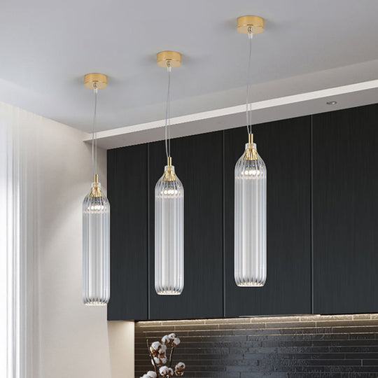 Vintage Ribbed Glass Led Pendant Lamp - Clear/Light Grey Cylinder Hanging Light For Dining Room