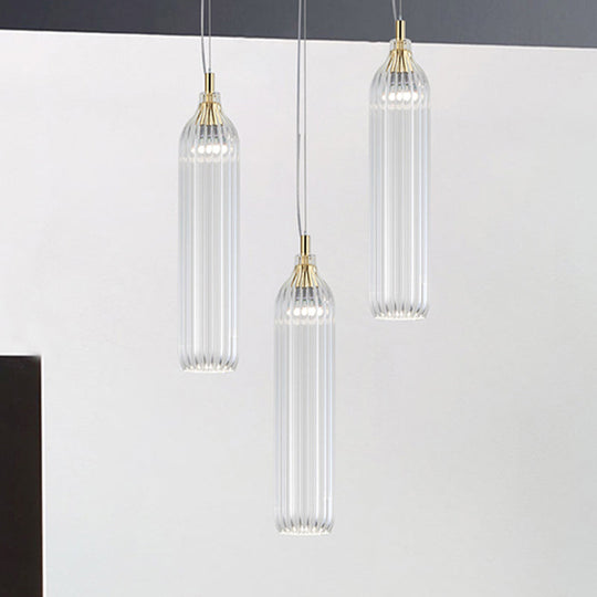Vintage Ribbed Glass Led Pendant Lamp - Clear/Light Grey Cylinder Hanging Light For Dining Room