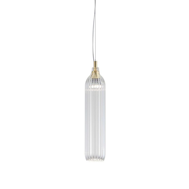 Vintage Ribbed Glass Led Pendant Lamp - Clear/Light Grey Cylinder Hanging Light For Dining Room