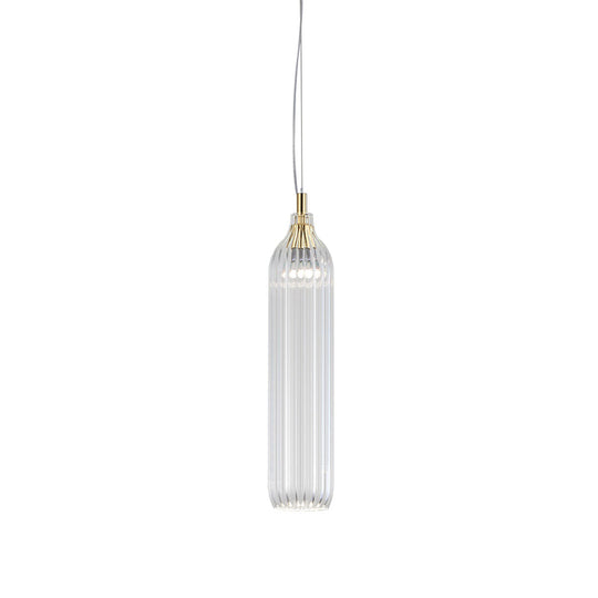 Vintage Ribbed Glass Led Pendant Lamp - Clear/Light Grey Cylinder Hanging Light For Dining Room