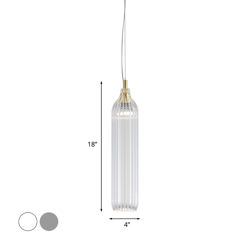 Vintage Ribbed Glass Led Pendant Lamp - Clear/Light Grey Cylinder Hanging Light For Dining Room