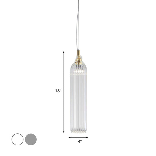 Vintage Ribbed Glass Led Pendant Lamp - Clear/Light Grey Cylinder Hanging Light For Dining Room