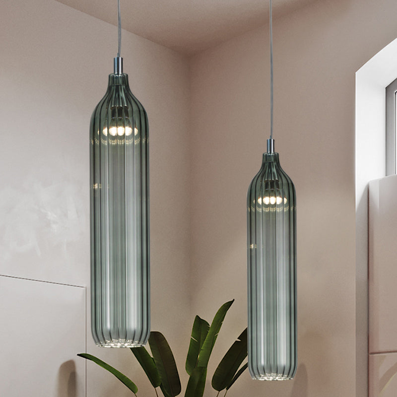Vintage Clear/Grey Ribbed Glass Cylinder Pendant Lamp - 1 Light Led Perfect For Dining Room