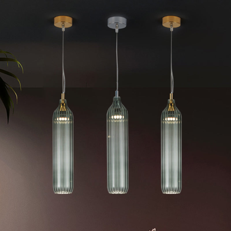 Vintage Ribbed Glass Led Pendant Lamp - Clear/Light Grey Cylinder Hanging Light For Dining Room