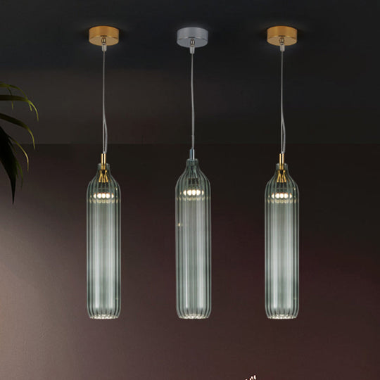 Vintage Ribbed Glass Led Pendant Lamp - Clear/Light Grey Cylinder Hanging Light For Dining Room