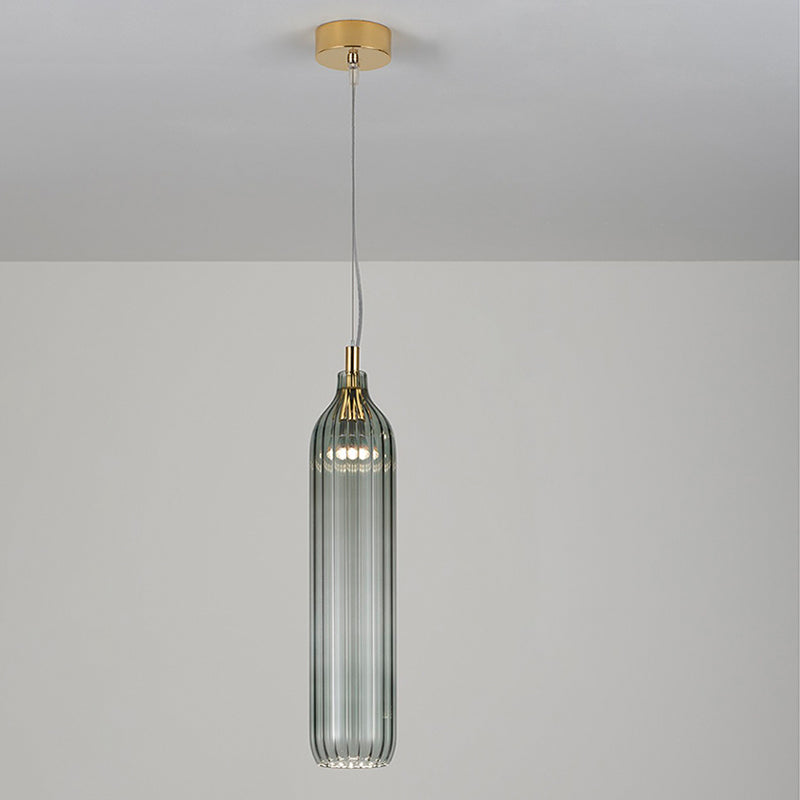 Vintage Clear/Grey Ribbed Glass Cylinder Pendant Lamp - 1 Light Led Perfect For Dining Room Lighting