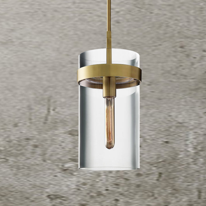 Postmodern Brass Cylinder Pendant Light With Clear Glass - Single Ceiling Lamp Kit