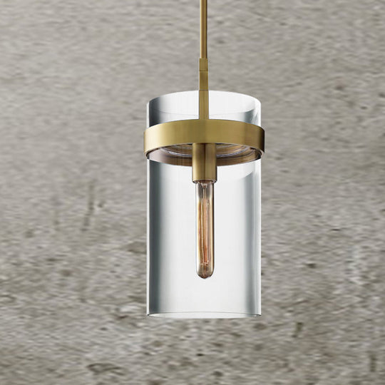 Postmodern Brass Cylinder Pendant Light With Clear Glass - Single Ceiling Lamp Kit